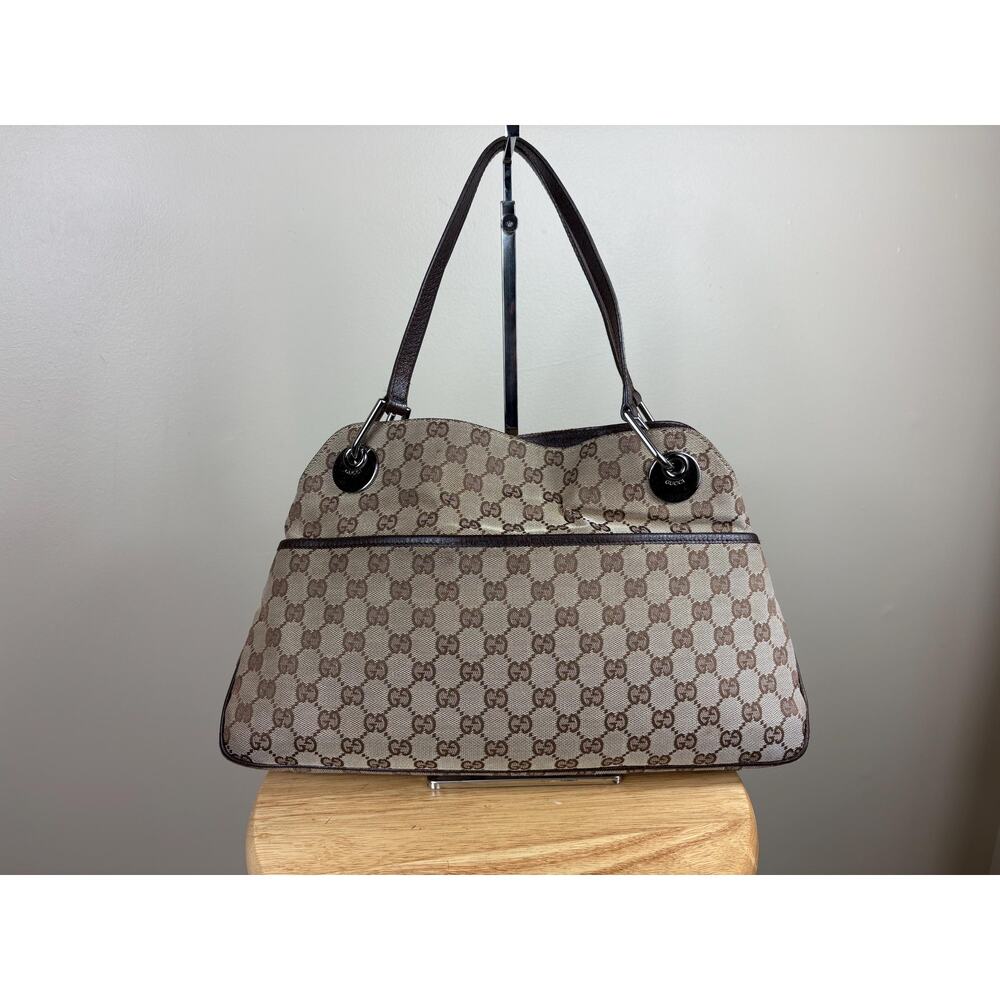 Authentic Gucci Eclipse GG Cloth and Brown Leather Shoulder Tote